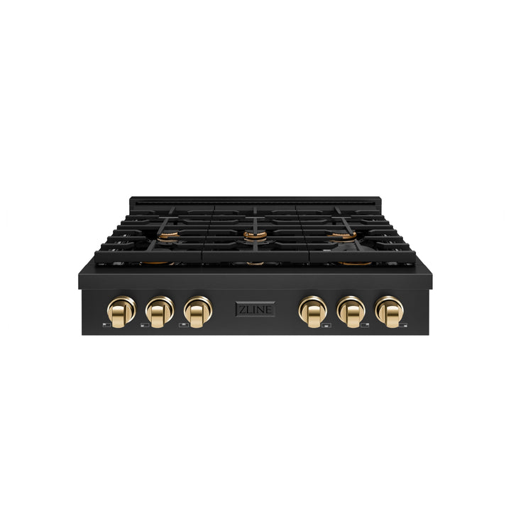 ZLINE Autograph 36" Paramount Gas Rangetop with 6 Burners and Porcelain Cooktop in Black Stainless Steel with Polished Gold Accents, SRTBZ-36-G