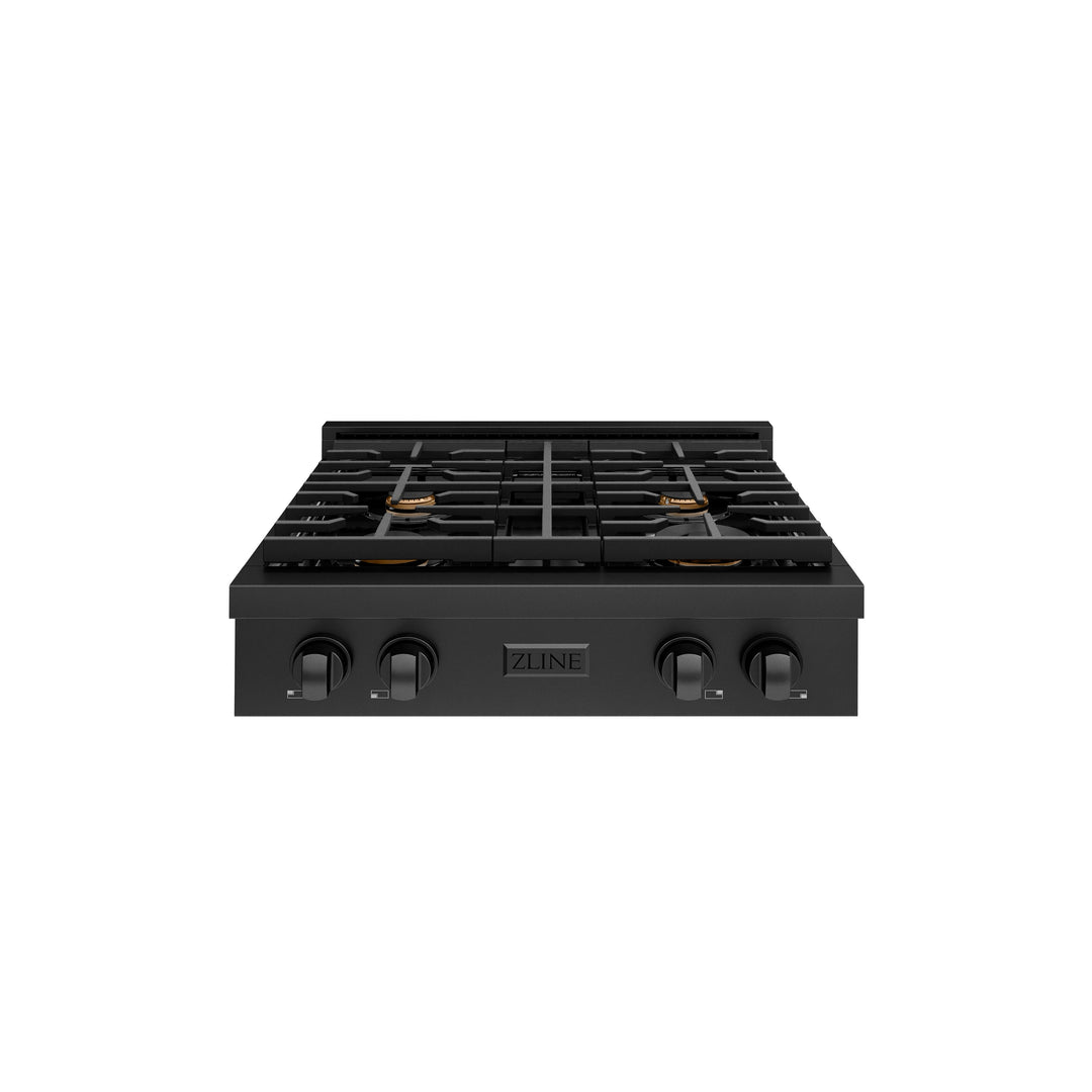 ZLINE Paramount 30" Gas Rangetop with 4 Brass Burners and Porcelain Cooktop in Black Stainless Steel, SRTB-BR-30