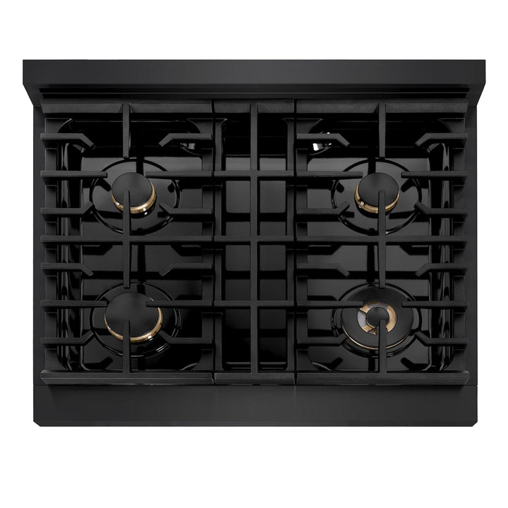 ZLINE Paramount 30" Gas Rangetop with 4 Brass Burners and Porcelain Cooktop in Black Stainless Steel, SRTB-BR-30