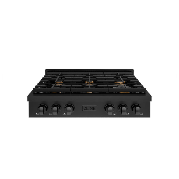 ZLINE Paramount 36" Gas Rangetop with 6 Brass Burners and Porcelain Cooktop in Black Stainless Steel, SRTB-BR-36