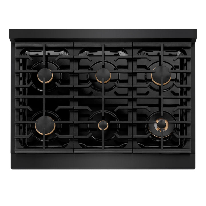 ZLINE Paramount 36" Gas Rangetop with 6 Brass Burners and Porcelain Cooktop in Black Stainless Steel, SRTB-BR-36