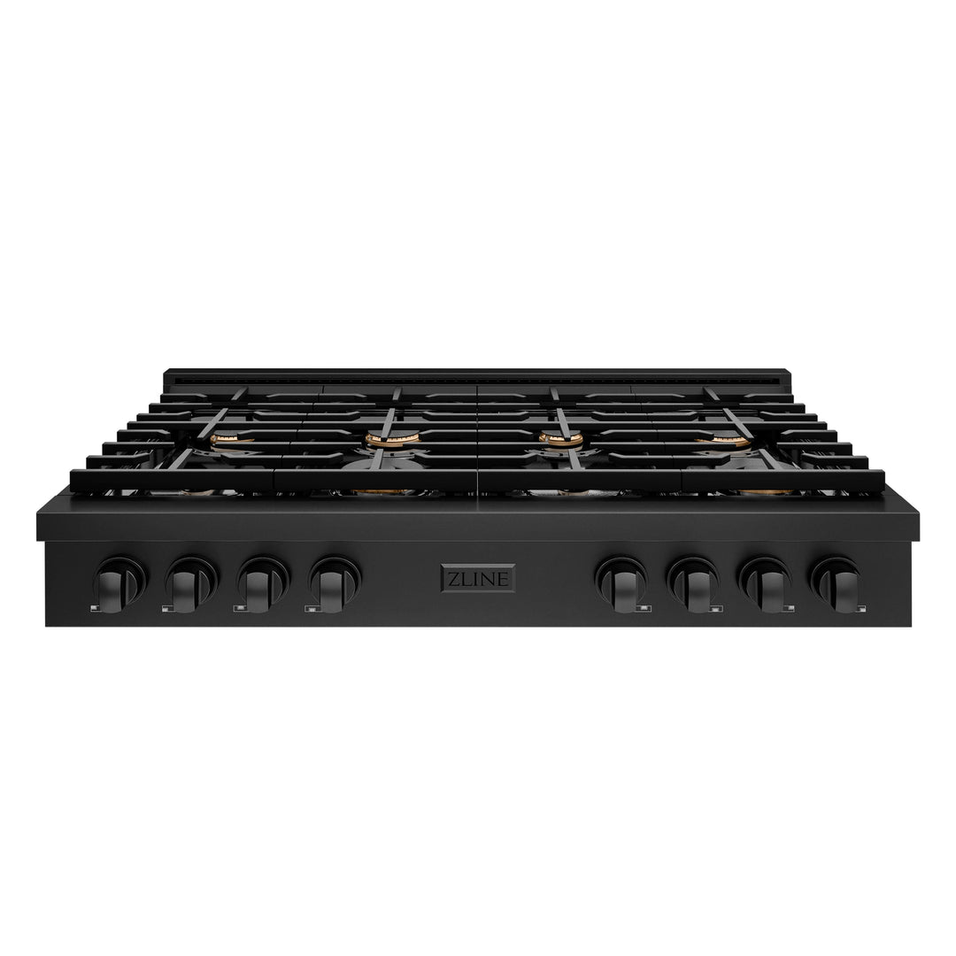 ZLINE Paramount 48" Gas Rangetop with 8 Brass Burners, Cast Iron Griddle and Porcelain Cooktop in Black Stainless Steel, SRTB-BR-48