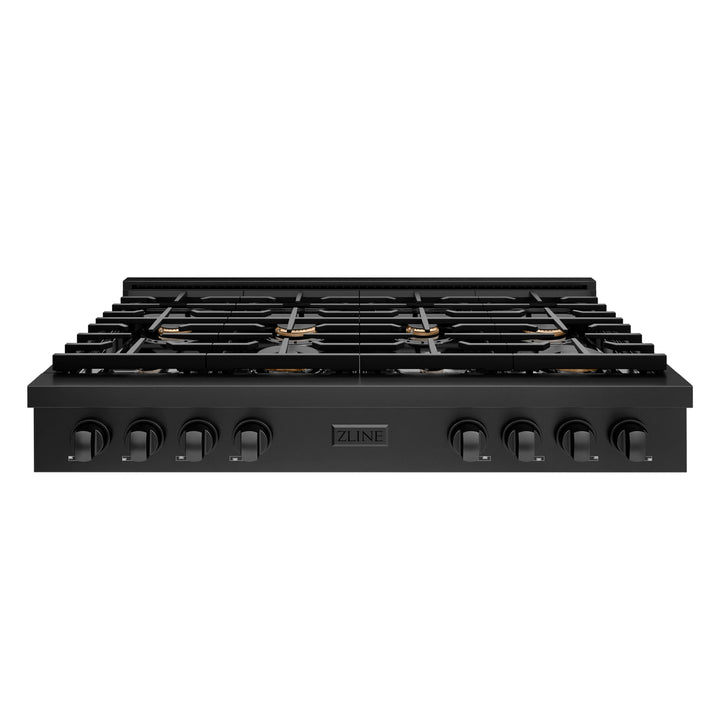 ZLINE Paramount 48" Gas Rangetop with 8 Brass Burners, Cast Iron Griddle and Porcelain Cooktop in Black Stainless Steel, SRTB-BR-48