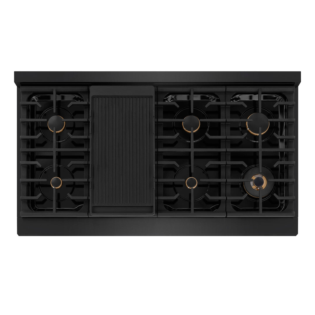 ZLINE Paramount 48" Gas Rangetop with 8 Brass Burners, Cast Iron Griddle and Porcelain Cooktop in Black Stainless Steel, SRTB-BR-48