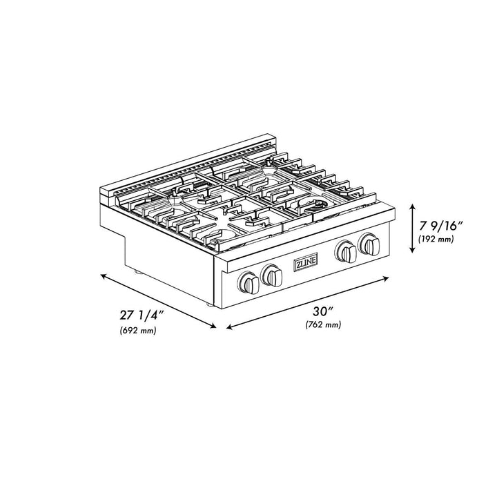 ZLINE Paramount 30" Gas Rangetop with 4 Burners and Porcelain Cooktop in Black Stainless Steel, SRTB30