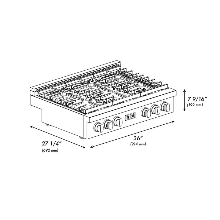 ZLINE Paramount 36" Gas Rangetop with 6 Burners and Porcelain Cooktop in Black Stainless Steel, SRTB36