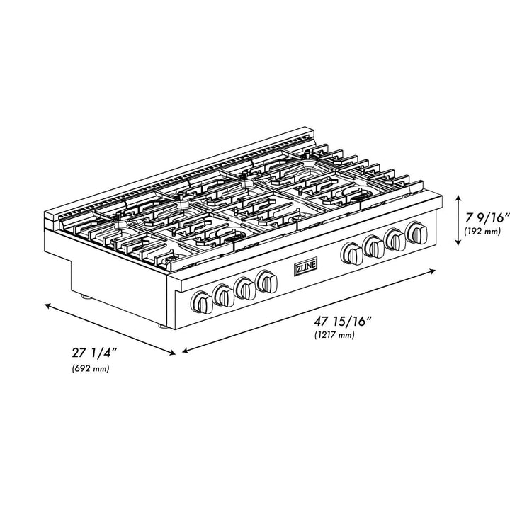 ZLINE Paramount 48" Gas Rangetop with 8 Burners and Porcelain Cooktop in Black Stainless Steel, SRTB48