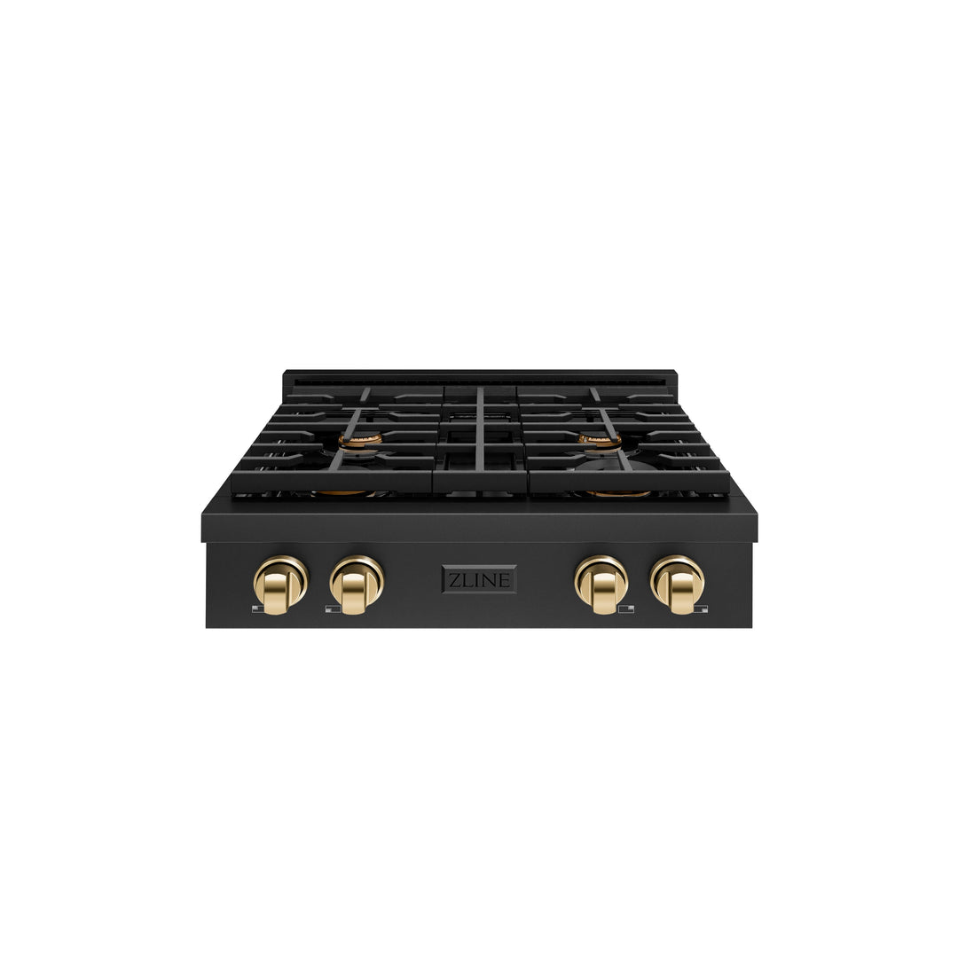 ZLINE Autograph 30" Paramount Gas Rangetop with 4 Burners and Porcelain Cooktop in Black Stainless Steel with Polished Gold Accents, SRTBZ-30-G