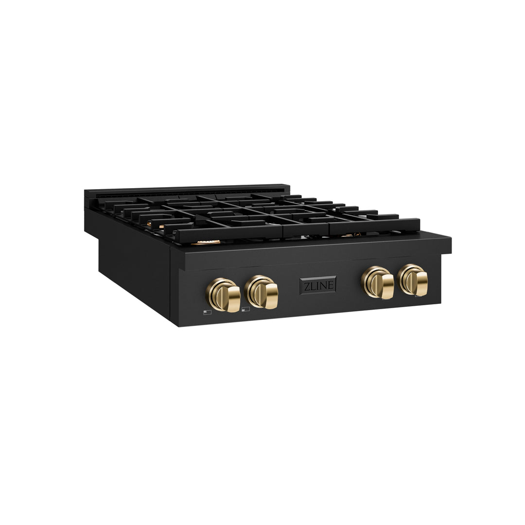 ZLINE Autograph 30" Paramount Gas Rangetop with 4 Burners and Porcelain Cooktop in Black Stainless Steel with Polished Gold Accents, SRTBZ-30-G