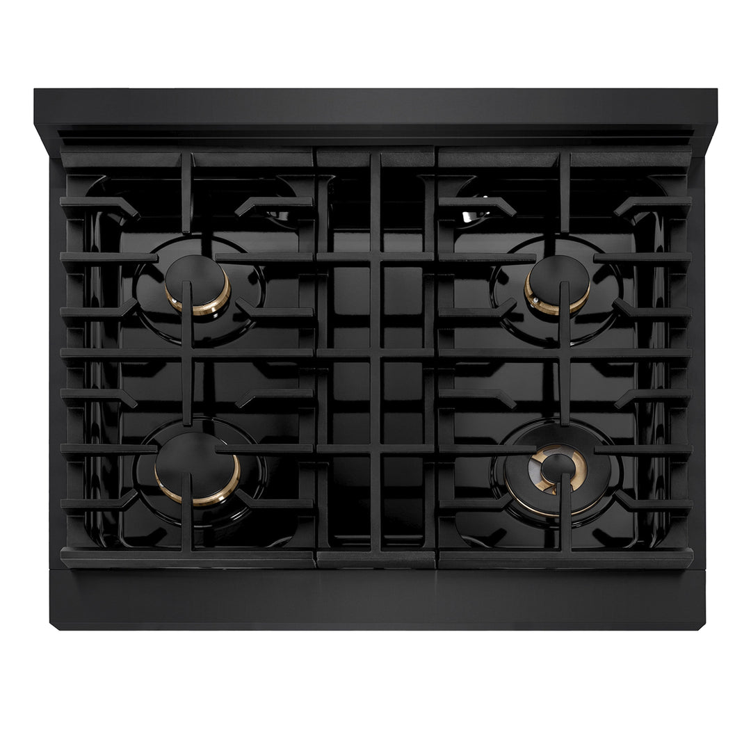 ZLINE Autograph 30" Paramount Gas Rangetop with 4 Burners and Porcelain Cooktop in Black Stainless Steel with Polished Gold Accents, SRTBZ-30-G