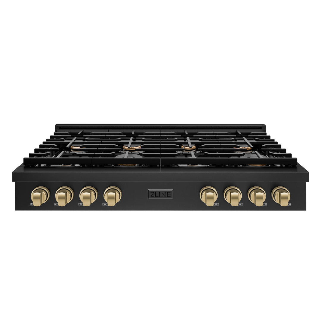 ZLINE Autograph 48" Paramount Gas Rangetop with 8 Burners, Cast Iron Griddle and Porcelain Cooktop in Black Stainless Steel with Champagne Bronze Accents, SRTBZ-48-CB