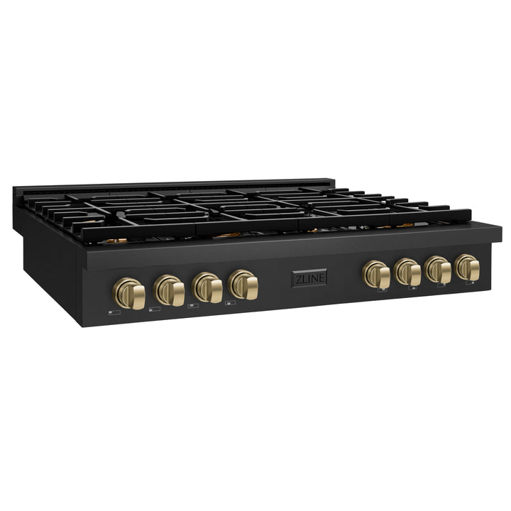 ZLINE Autograph 48" Paramount Gas Rangetop with 8 Burners, Cast Iron Griddle and Porcelain Cooktop in Black Stainless Steel with Champagne Bronze Accents, SRTBZ-48-CB