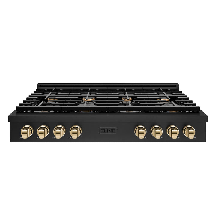 ZLINE Autograph 48" Paramount Gas Rangetop with 8 Burners, Cast Iron Griddle and Porcelain Cooktop in Black Stainless Steel with Polished Gold Accents, SRTBZ-48-G