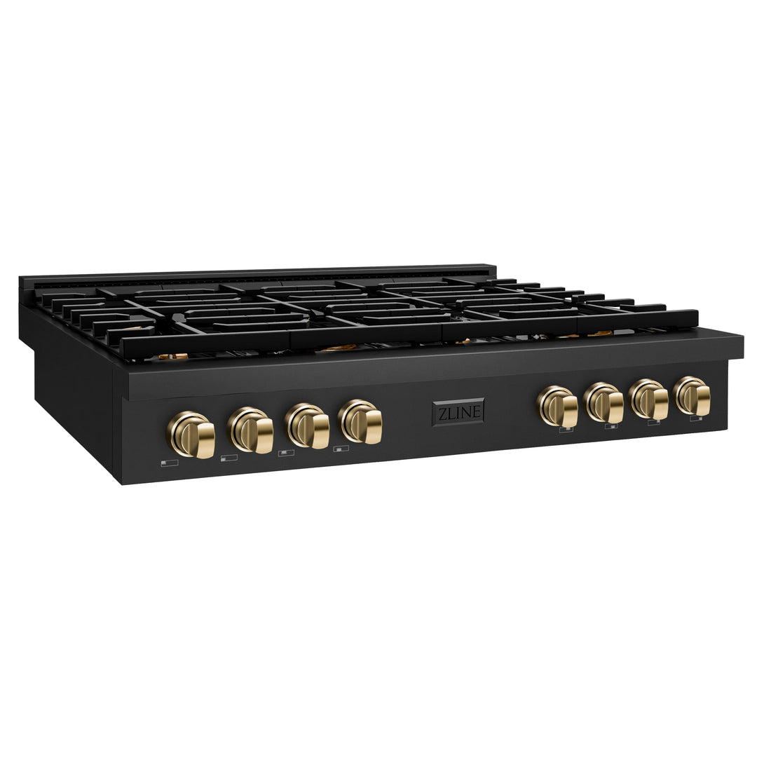 ZLINE Autograph 48" Paramount Gas Rangetop with 8 Burners, Cast Iron Griddle and Porcelain Cooktop in Black Stainless Steel with Polished Gold Accents, SRTBZ-48-G