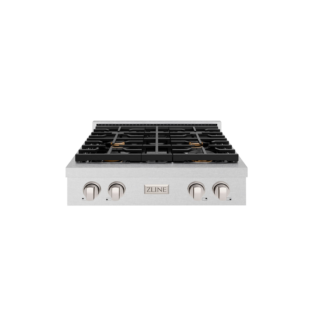 ZLINE Paramount 30" Gas Rangetop with 4 Brass Burners and Porcelain Cooktop in DuraSnow® Stainless Steel, SRTS-BR-30