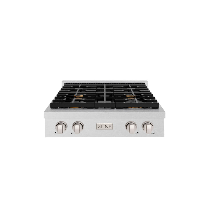 ZLINE Paramount 30" Gas Rangetop with 4 Brass Burners and Porcelain Cooktop in DuraSnow® Stainless Steel, SRTS-BR-30