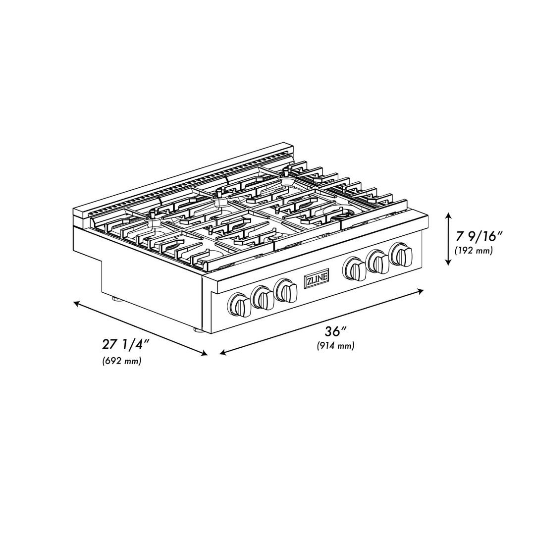 ZLINE Paramount 36" Gas Rangetop with 6 Brass Burners and Porcelain Cooktop in DuraSnow® Stainless Steel, SRTS-BR-36