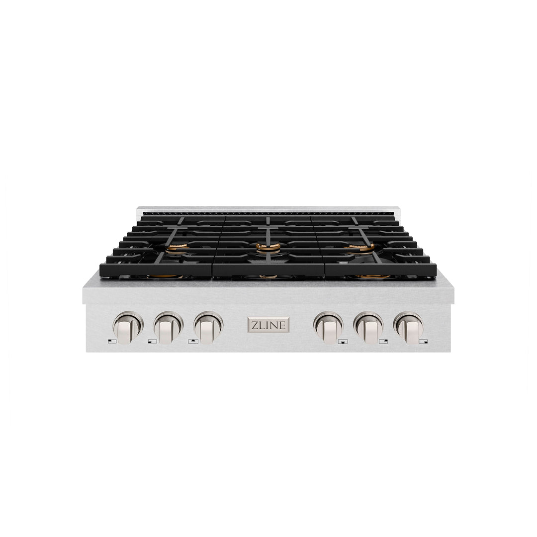 ZLINE Paramount 36" Gas Rangetop with 6 Brass Burners and Porcelain Cooktop in DuraSnow® Stainless Steel, SRTS-BR-36