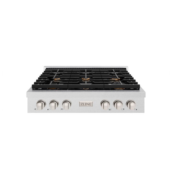 ZLINE Paramount 36" Gas Rangetop with 6 Brass Burners and Porcelain Cooktop in DuraSnow® Stainless Steel, SRTS-BR-36