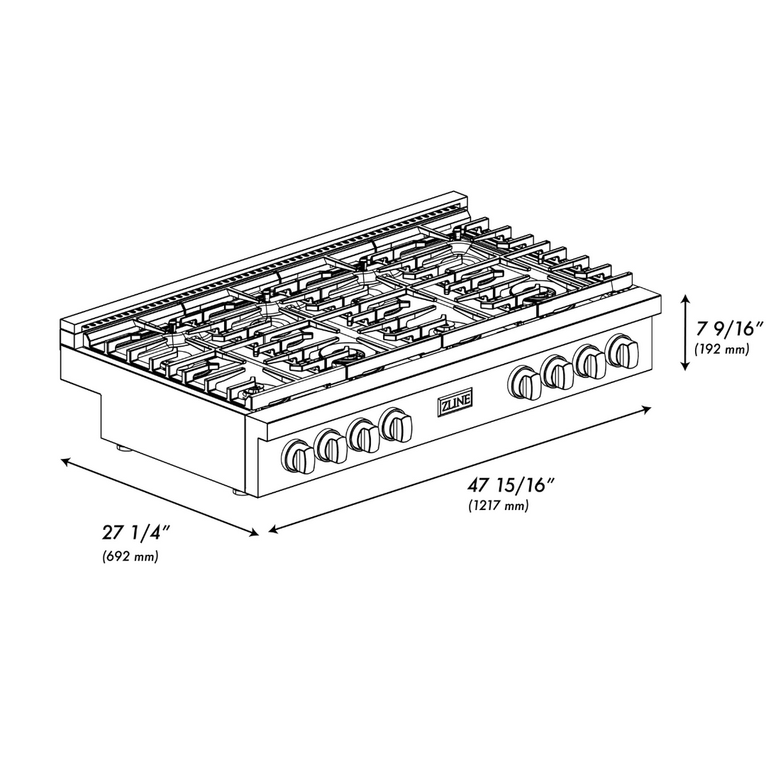 ZLINE Paramount 48" Gas Rangetop with 8 Brass Burners, Cast Iron Griddle and Porcelain Cooktop in DuraSnow® Stainless Steel, SRTS-BR-48