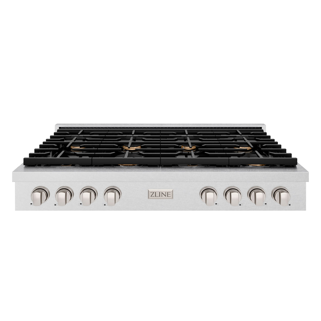 ZLINE Paramount 48" Gas Rangetop with 8 Brass Burners, Cast Iron Griddle and Porcelain Cooktop in DuraSnow® Stainless Steel, SRTS-BR-48