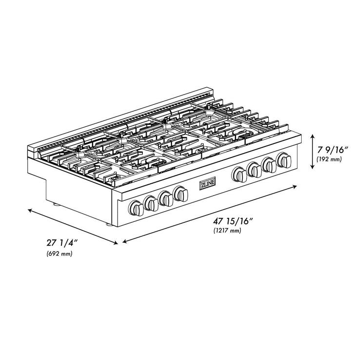 ZLINE Paramount 48" Gas Rangetop with 8 Burners, Cast Iron Griddle and Porcelain Cooktop in DuraSnow® Stainless Steel, SRTS48