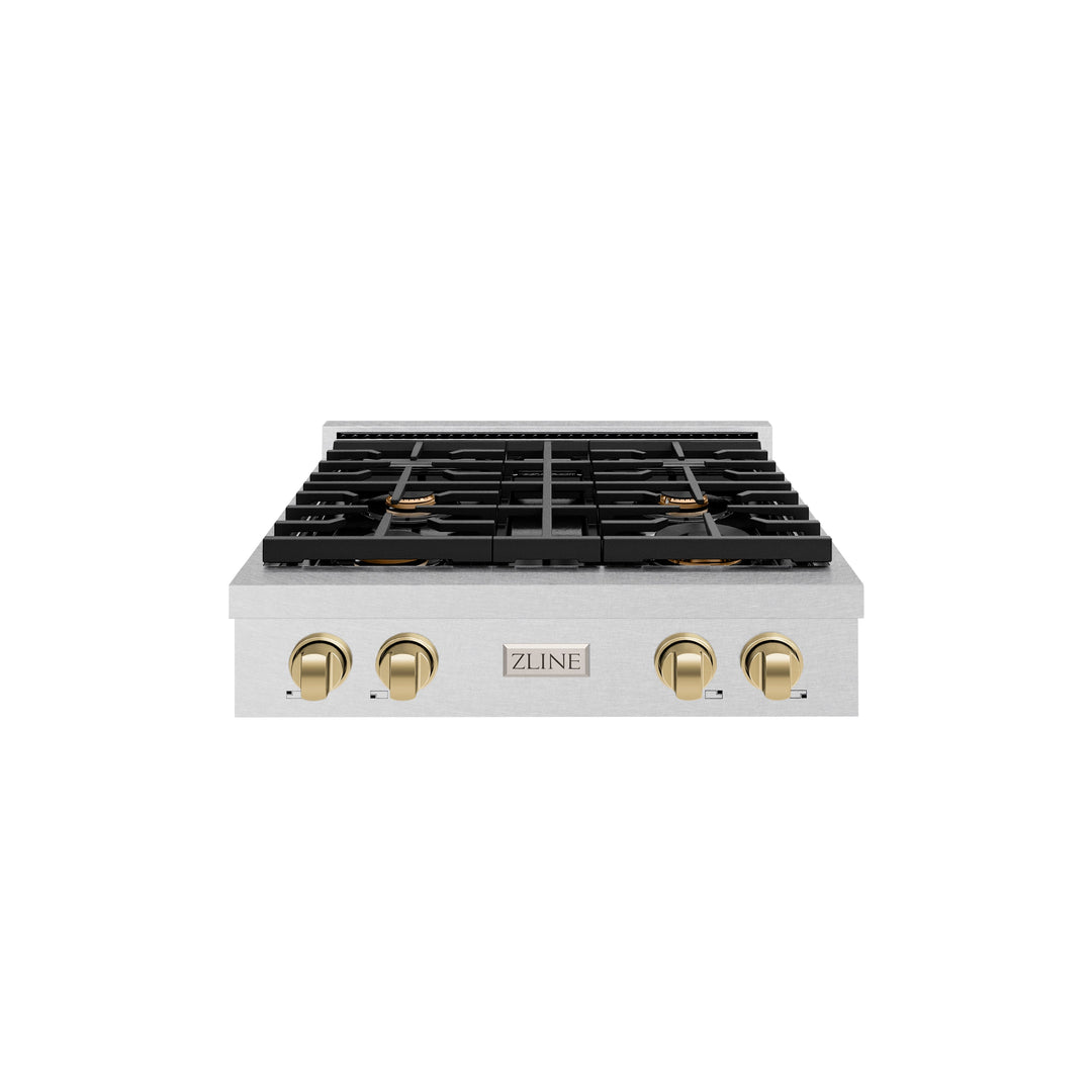 ZLINE Autograph 30" Paramount Gas Rangetop with 4 Burners and Porcelain Cooktop in DuraSnow® Stainless Steel with Champagne Bronze Accents, SRTSZ-30-CB