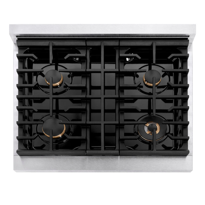 ZLINE Autograph 30" Paramount Gas Rangetop with 4 Burners and Porcelain Cooktop in DuraSnow® Stainless Steel with Champagne Bronze Accents, SRTSZ-30-CB