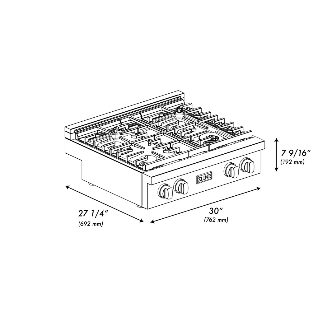 ZLINE Autograph 30" Paramount Gas Rangetop with 4 Burners and Porcelain Cooktop in DuraSnow® Stainless Steel with Polished Gold Accents, SRTSZ-30-G