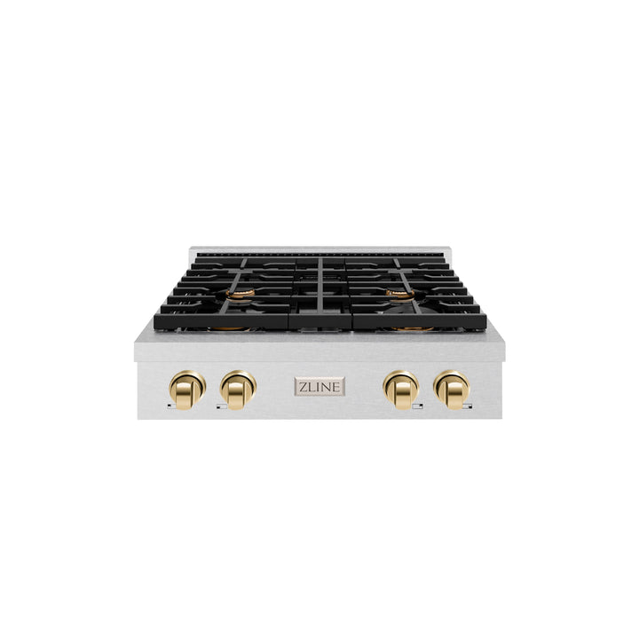 ZLINE Autograph 30" Paramount Gas Rangetop with 4 Burners and Porcelain Cooktop in DuraSnow® Stainless Steel with Polished Gold Accents, SRTSZ-30-G