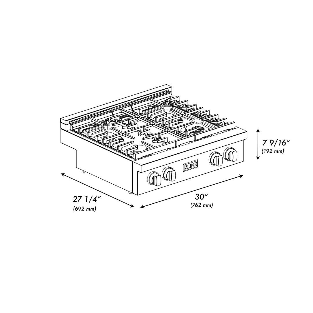 ZLINE Autograph 30" Paramount Gas Rangetop with 4 Burners and Porcelain Cooktop in DuraSnow® Stainless Steel with Matte Black Accents, SRTSZ-30-MB