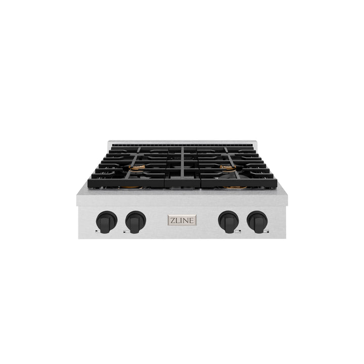 ZLINE Autograph 30" Paramount Gas Rangetop with 4 Burners and Porcelain Cooktop in DuraSnow® Stainless Steel with Matte Black Accents, SRTSZ-30-MB