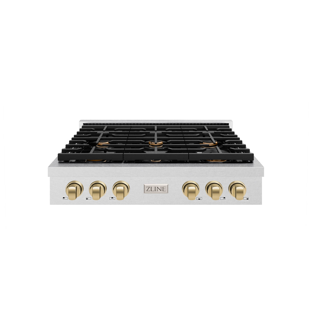 ZLINE Autograph 36" Paramount Gas Rangetop with 6 Burners and Porcelain Cooktop in DuraSnow® Stainless Steel with Champagne Bronze Accents, SRTSZ-36-CB