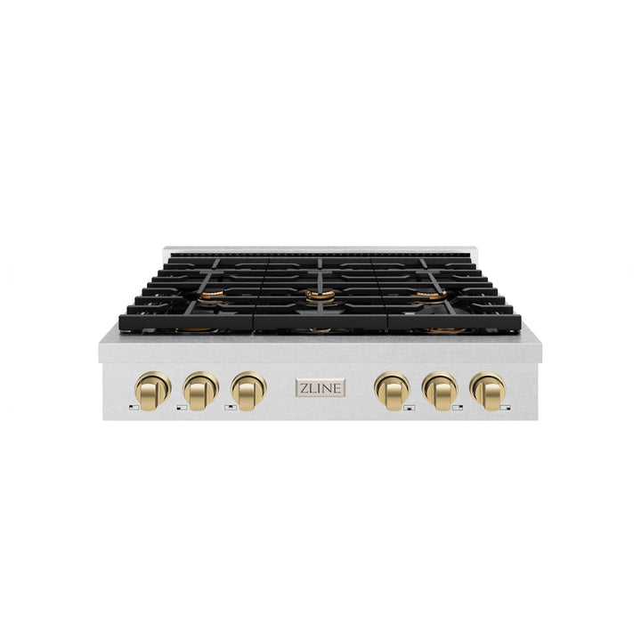 ZLINE Autograph 36" Paramount Gas Rangetop with 6 Burners and Porcelain Cooktop in DuraSnow® Stainless Steel with Champagne Bronze Accents, SRTSZ-36-CB