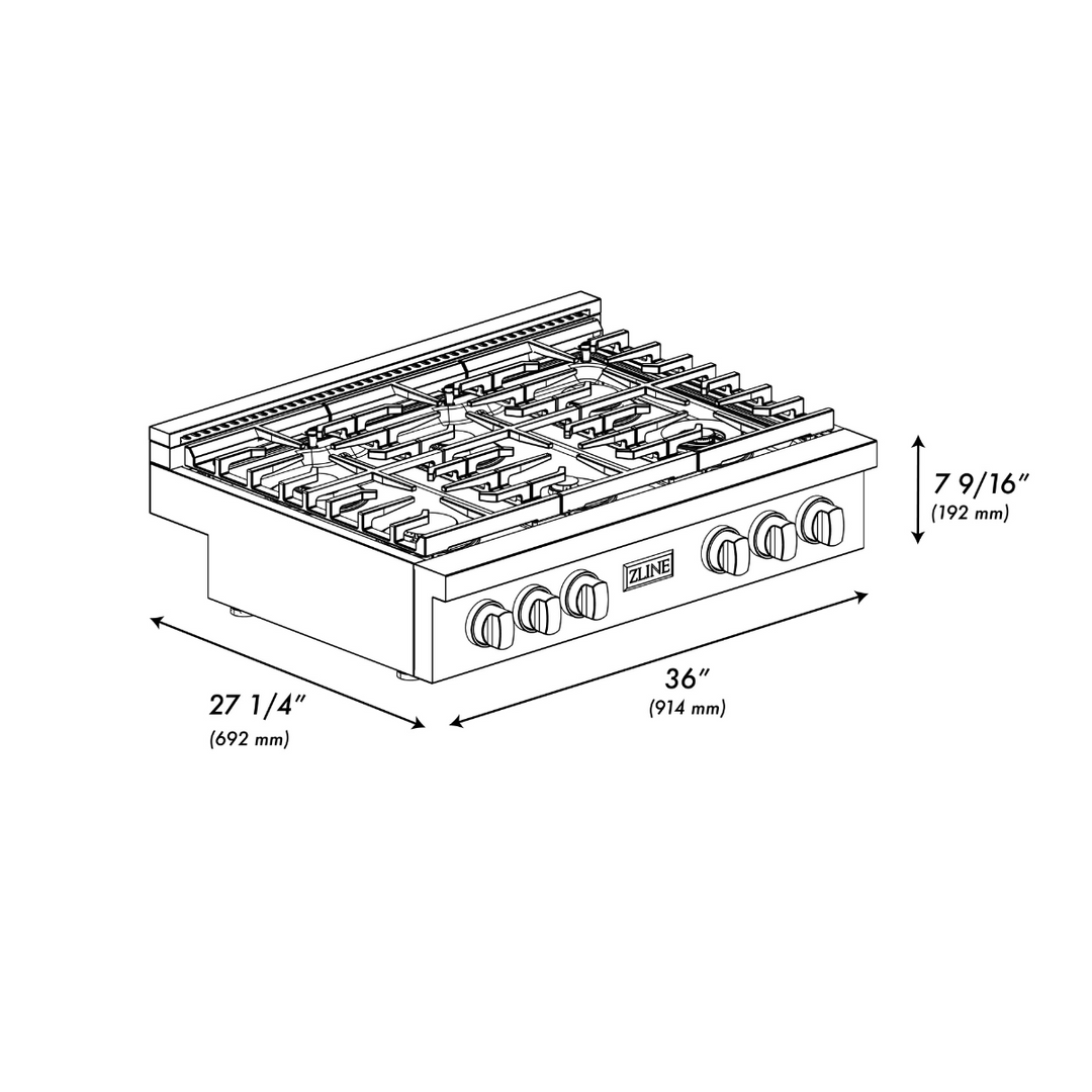 ZLINE Autograph 36" Paramount Gas Rangetop with 6 Burners and Porcelain Cooktop in DuraSnow® Stainless Steel with Polished Gold Accents, SRTSZ-36-G