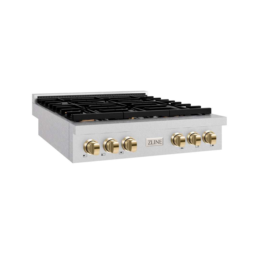 ZLINE Autograph 36" Paramount Gas Rangetop with 6 Burners and Porcelain Cooktop in DuraSnow® Stainless Steel with Polished Gold Accents, SRTSZ-36-G