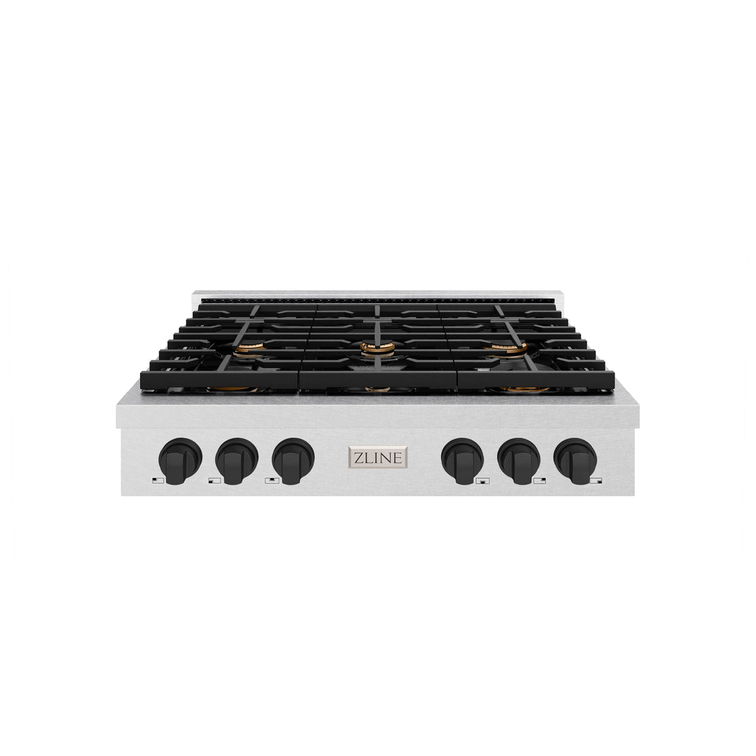 ZLINE Autograph 36" Paramount Gas Rangetop with 6 Burners and Porcelain Cooktop in DuraSnow® Stainless Steel with Matte Black Accents, SRTSZ-36-MB