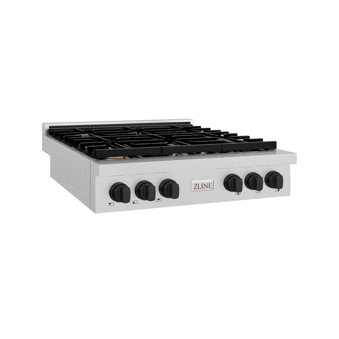 ZLINE Autograph 36" Paramount Gas Rangetop with 6 Burners and Porcelain Cooktop in DuraSnow® Stainless Steel with Matte Black Accents, SRTSZ-36-MB