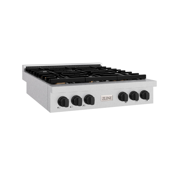 ZLINE Autograph 36" Paramount Gas Rangetop with 6 Burners and Porcelain Cooktop in DuraSnow® Stainless Steel with Matte Black Accents, SRTSZ-36-MB