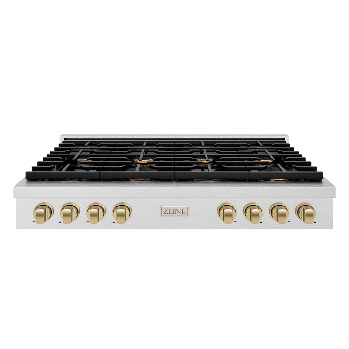 ZLINE Autograph 48" Paramount Gas Rangetop with 8 Burners, Cast Iron Griddle and Porcelain Cooktop in DuraSnow® Stainless Steel with Champagne Bronze Accents, SRTSZ-48-CB