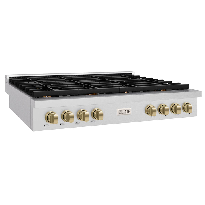 ZLINE Autograph 48" Paramount Gas Rangetop with 8 Burners, Cast Iron Griddle and Porcelain Cooktop in DuraSnow® Stainless Steel with Champagne Bronze Accents, SRTSZ-48-CB