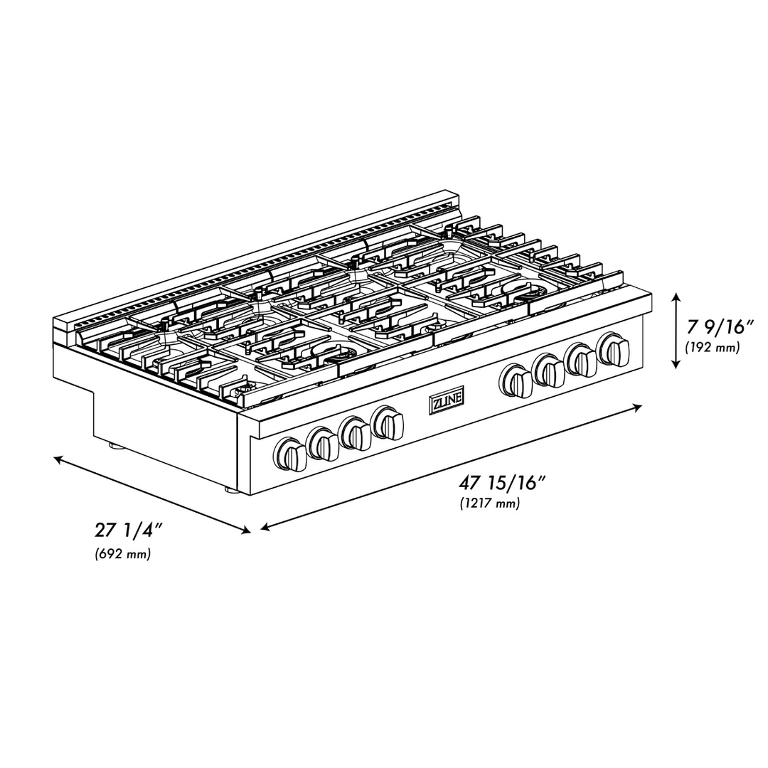 ZLINE Autograph 48" Paramount Gas Rangetop with 8 Burners, Cast Iron Griddle and Porcelain Cooktop in DuraSnow® Stainless Steel with Polished Gold Accents, SRTSZ-48-G