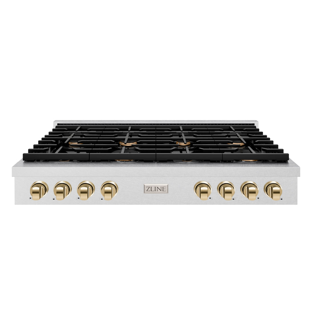 ZLINE Autograph 48" Paramount Gas Rangetop with 8 Burners, Cast Iron Griddle and Porcelain Cooktop in DuraSnow® Stainless Steel with Polished Gold Accents, SRTSZ-48-G