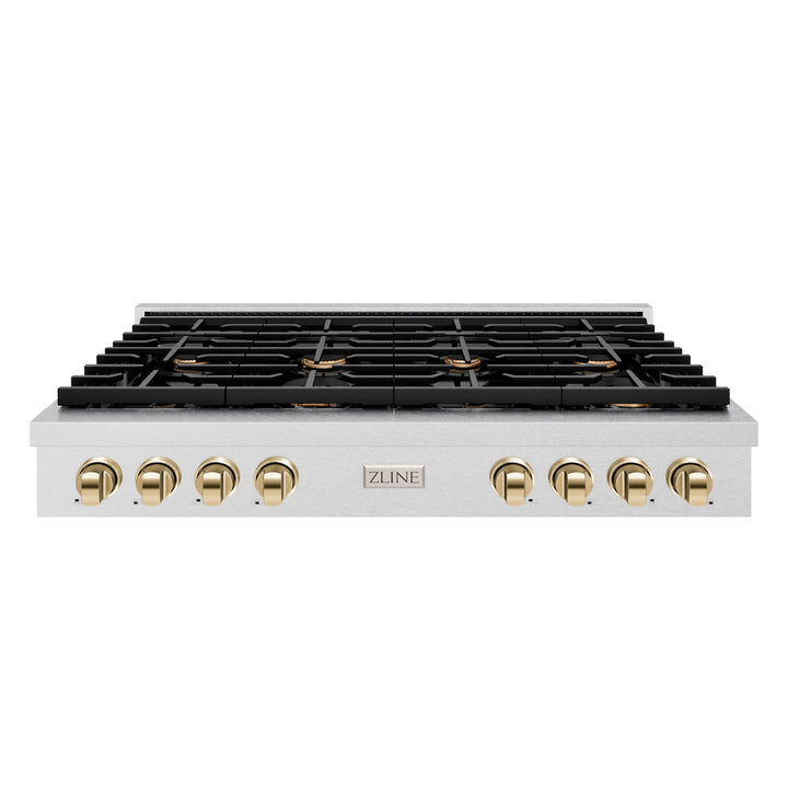 ZLINE Autograph 48" Paramount Gas Rangetop with 8 Burners, Cast Iron Griddle and Porcelain Cooktop in DuraSnow® Stainless Steel with Polished Gold Accents, SRTSZ-48-G