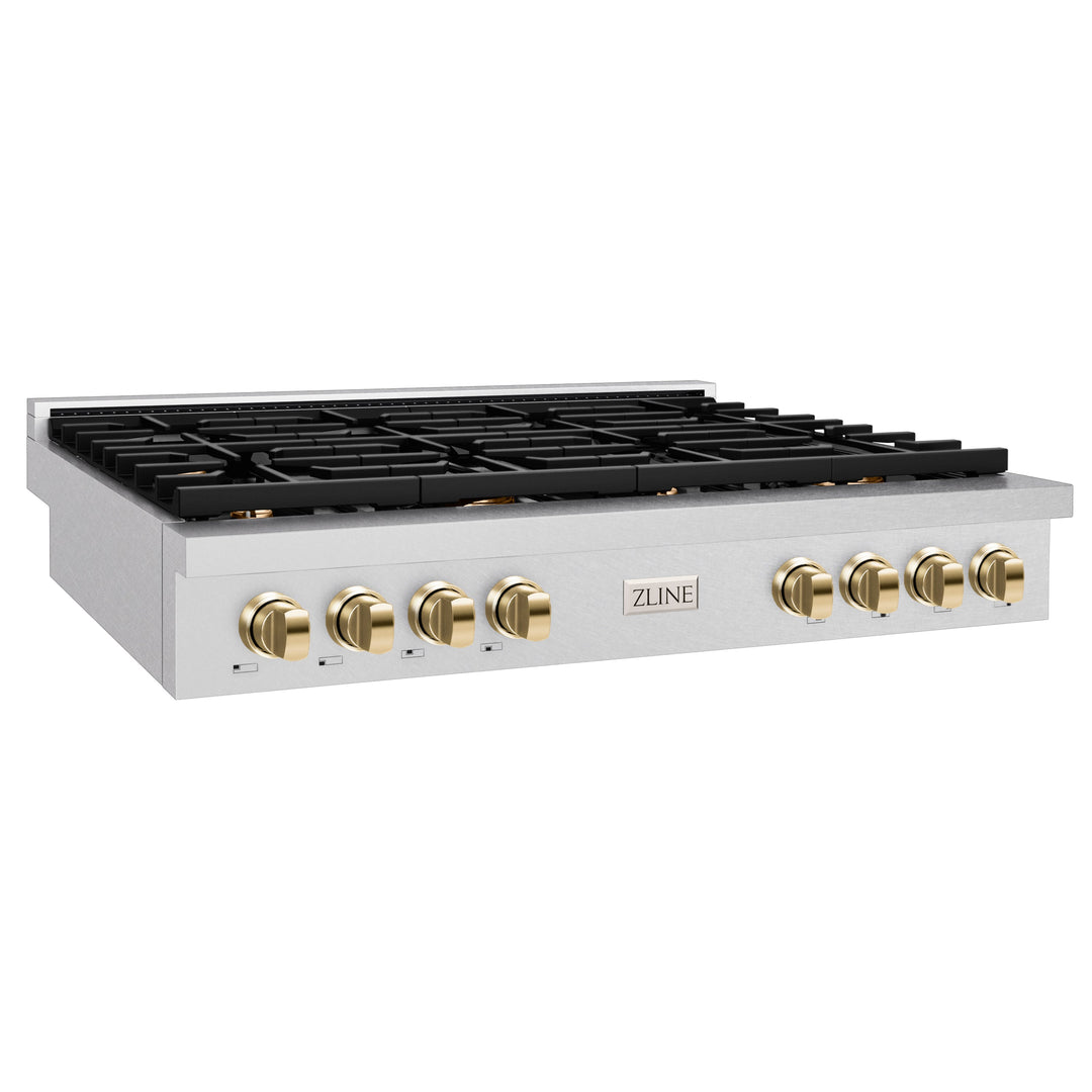 ZLINE Autograph 48" Paramount Gas Rangetop with 8 Burners, Cast Iron Griddle and Porcelain Cooktop in DuraSnow® Stainless Steel with Polished Gold Accents, SRTSZ-48-G