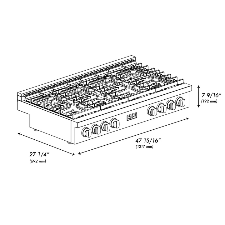 ZLINE Autograph 48" Paramount Gas Rangetop with 8 Burners and Porcelain Cooktop in DuraSnow® Stainless Steel with Matte Black Accents, SRTSZ-48-MB