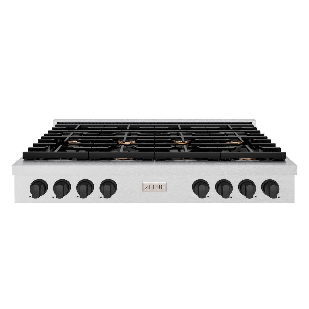 ZLINE Autograph 48" Paramount Gas Rangetop with 8 Burners and Porcelain Cooktop in DuraSnow® Stainless Steel with Matte Black Accents, SRTSZ-48-MB