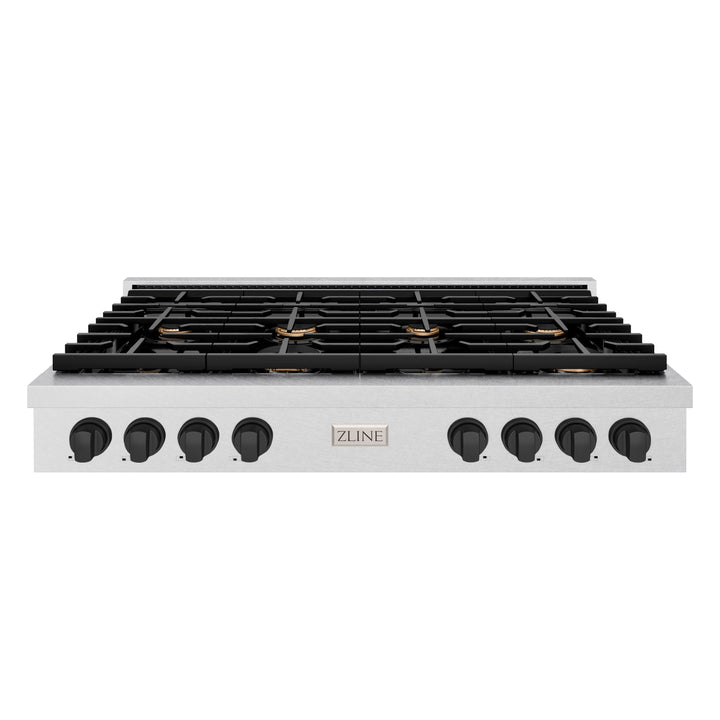 ZLINE Autograph 48" Paramount Gas Rangetop with 8 Burners and Porcelain Cooktop in DuraSnow® Stainless Steel with Matte Black Accents, SRTSZ-48-MB