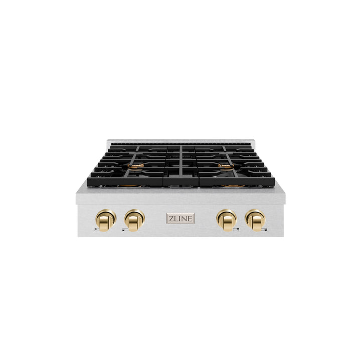 ZLINE 30 in. Autograph Edition Paramount Gas Rangetop with 4 Burners and Porcelain Cooktop in Satin Stainless Steel with Polished Gold Accents (SRTSZ-30-G)