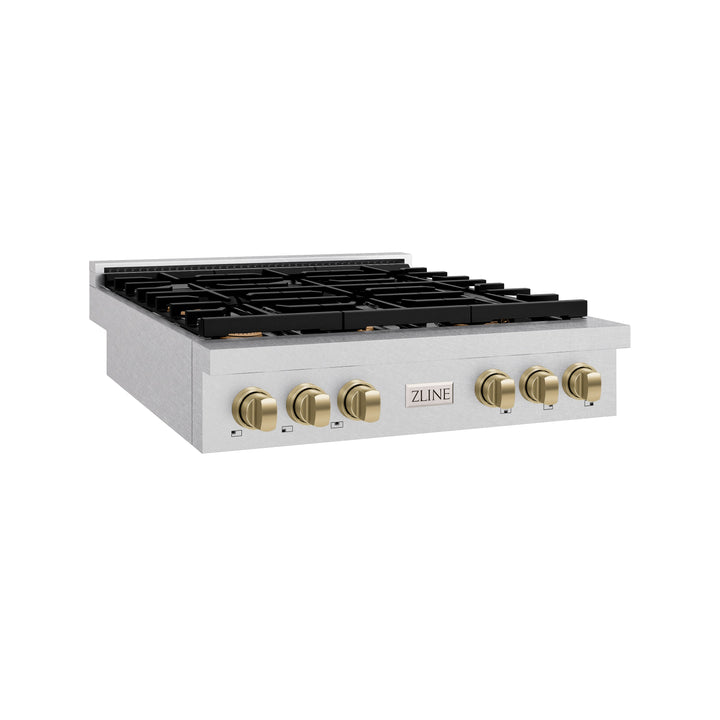 ZLINE 36 in. Autograph Edition Paramount Gas Rangetop with 6 Burners and Porcelain Cooktop in Satin Stainless Steel with Champagne Bronze Accents (SRTSZ-36-CB)